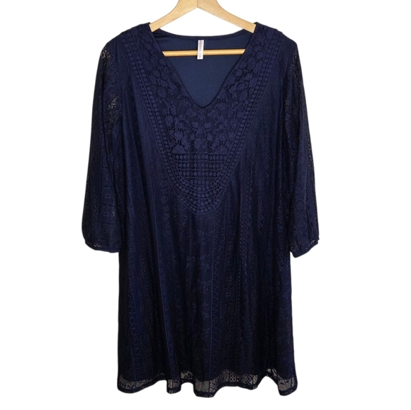 Xhilaration | Navy Blue Lace Boho Long Sleeve V-neck Dress Plus Size X - Picture 1 of 5